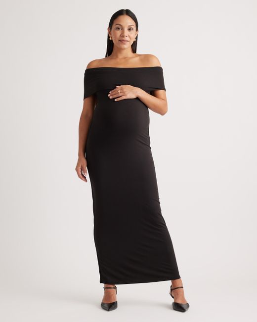 Quince Black Recycled Knit Maternity Off-The-Shoulder Midi Dress, Recycled Polyester / Spandex