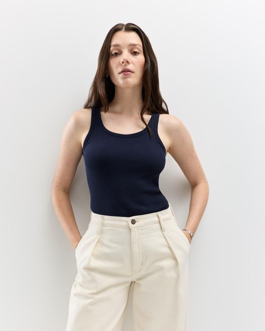 Quince Blue Micro-Rib Scoop Neck Tank Top, Organic Cotton