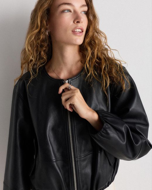 Quince Black Collarless Cropped Bubble Hem Jacket, Leather
