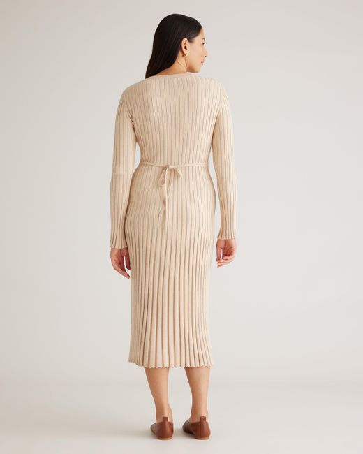 Quince Natural Cotton Cashmere Ribbed Long Sleeve Crew Midi Dress