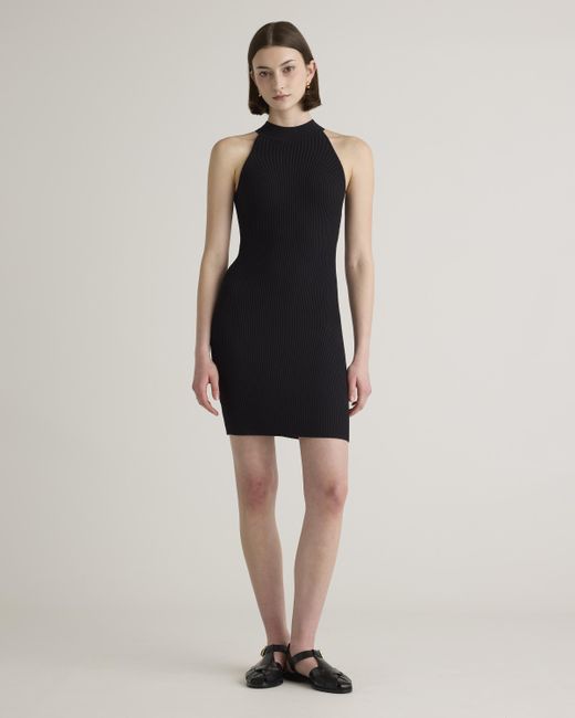 Quince Black High Neck Ribbed Knit Mini Dress, Recycled Nylon/Polyester/Spandex