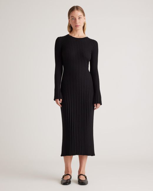 Quince Black Cotton Cashmere Ribbed Long Sleeve Crew Midi Dress
