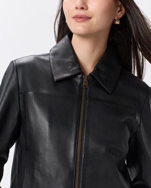 Quince Black Cropped Zip-Front Jacket, Leather