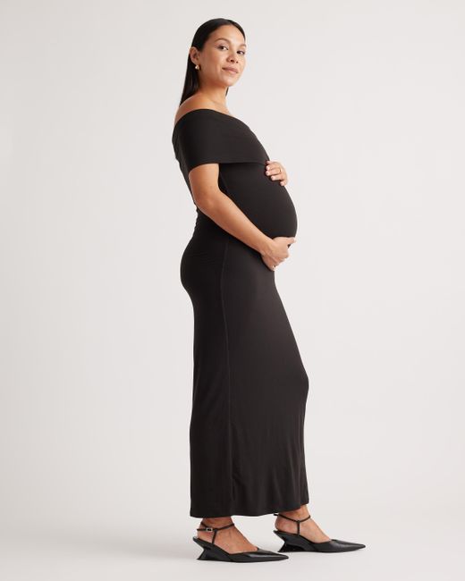 Quince Black Recycled Knit Maternity Off-The-Shoulder Midi Dress, Recycled Polyester / Spandex