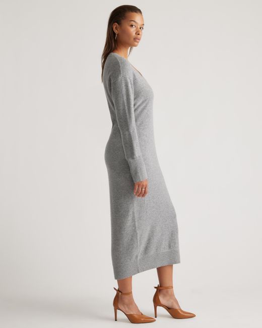 Quince Gray Mongolian Cashmere V-Neck Midi Sweater Dress