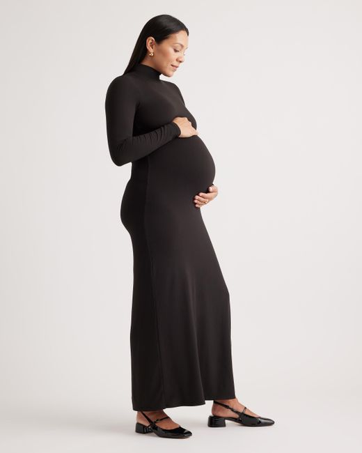 Quince Black Recycled Knit Maternity Mock Neck Maxi Dress, Recycled Polyester