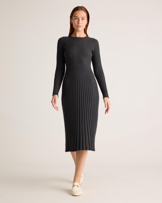 Quince Black Cotton Cashmere Ribbed Long Sleeve Crew Midi Dress
