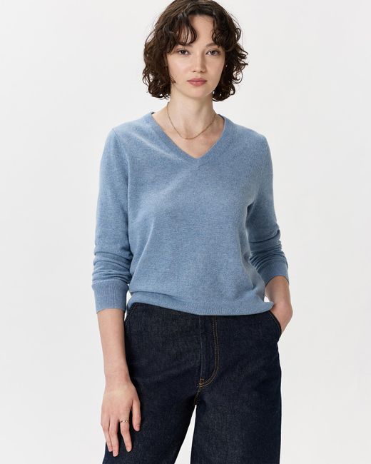Quince Blue Mongolian Cashmere V-Neck Sweater