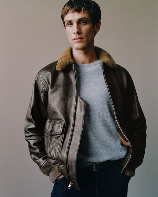 Quince Blue Shearling Collar Leather Flight Jacket for men