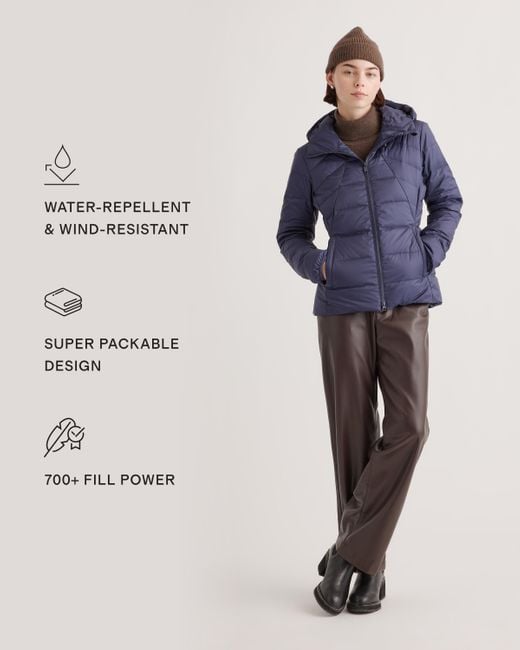 Quince Blue Lightweight Down Packable Puffer Hooded Jacket, Recycled Polyester