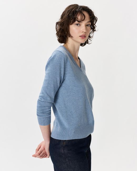 Quince Blue Mongolian Cashmere V-Neck Sweater
