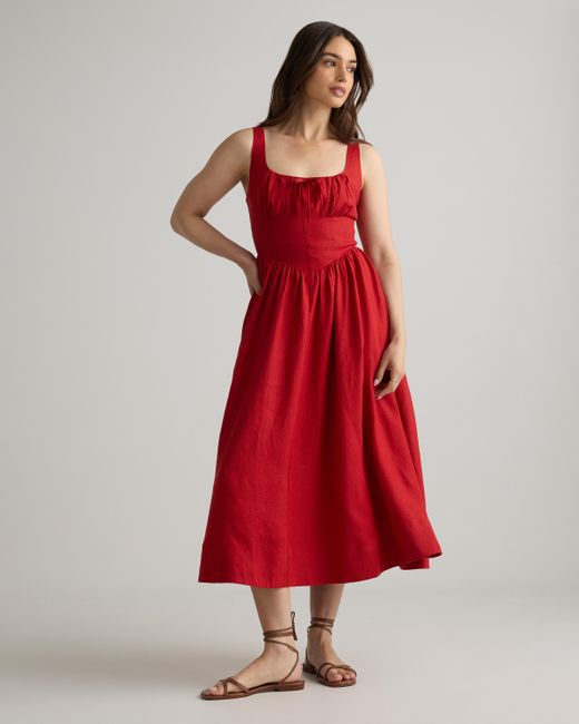 Quince 100% European Linen Corset Midi Dress in Red | Lyst