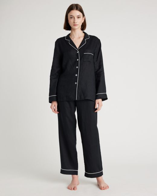 Quince Black 100% European Linen Long Sleeve Pajama Set With Piping