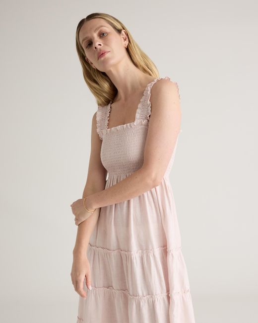 Quince Pink 100% European Linen Smocked Midi Dress