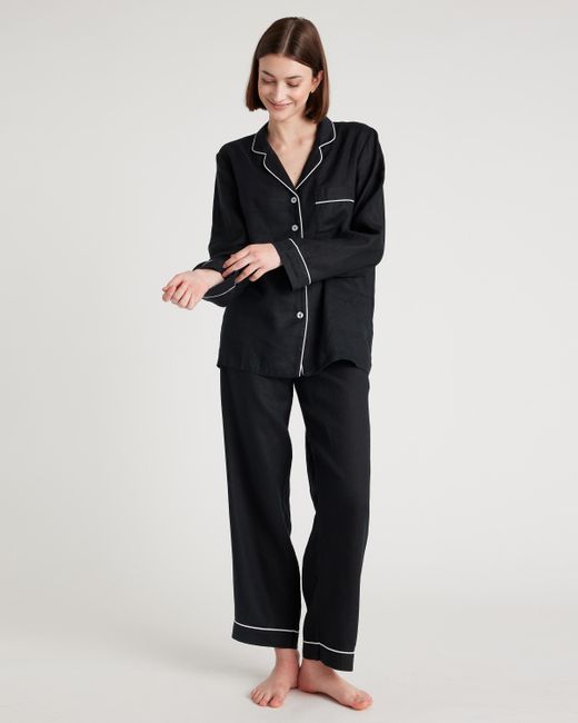 Quince Black 100% European Linen Long Sleeve Pajama Set With Piping