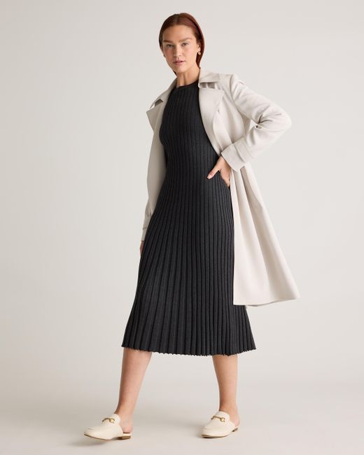 Quince Black Cotton Cashmere Ribbed Long Sleeve Crew Midi Dress