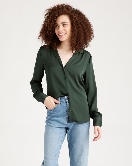 Quince Green Washable Stretch Silk Notch Collar Blouse