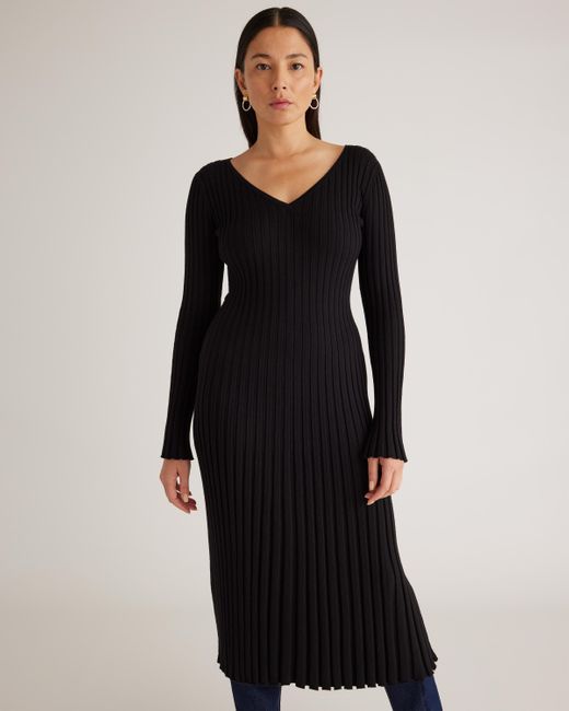 Quince Black Cotton Cashmere Ribbed Long Sleeve V-Neck Midi Dress