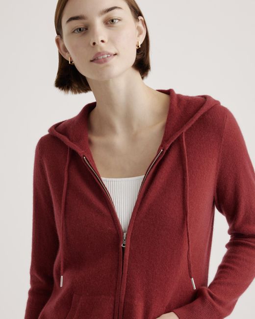 Quince Red Mongolian Cashmere Full-Zip Hoodie Jacket