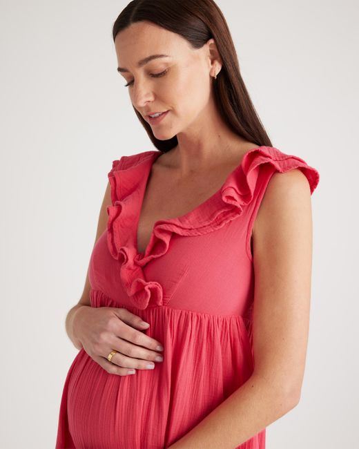 Quince Red Gauze Maternity Ruffle Front Dress, Organic Cotton