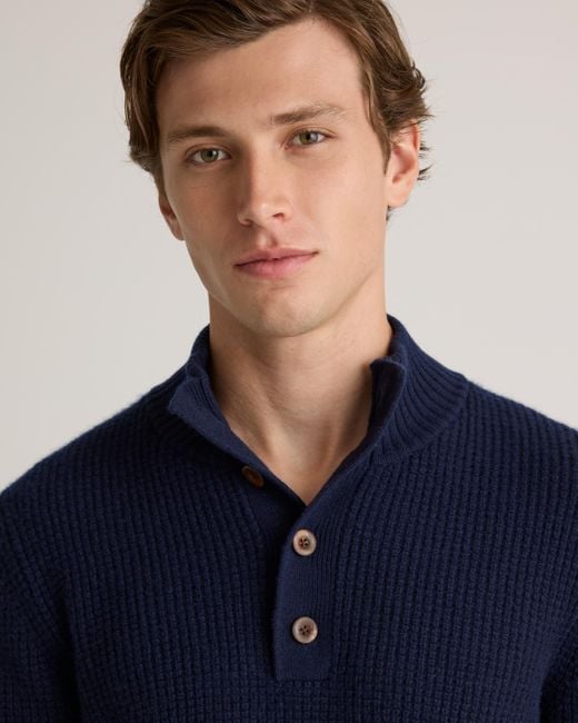Quince Blue Mongolian Cashmere Waffle Quarter Button Sweater for men