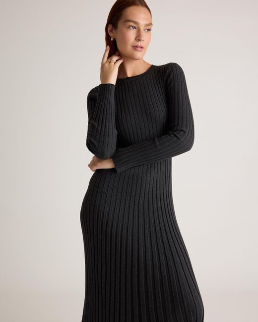 Quince Black Cotton Cashmere Ribbed Long Sleeve Crew Midi Dress