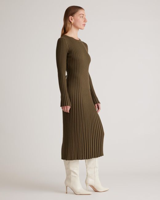 Quince Natural Cotton Cashmere Ribbed Long Sleeve Crew Midi Dress