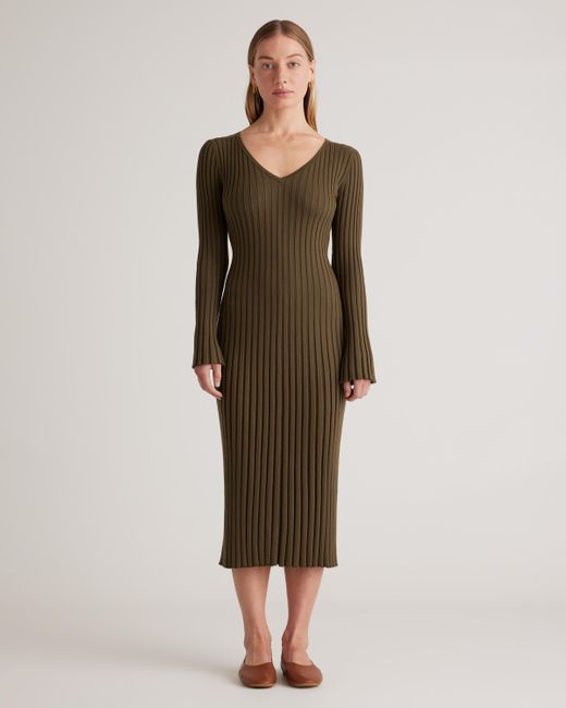 Quince Green Cotton Cashmere Ribbed Long Sleeve V-Neck Midi Dress