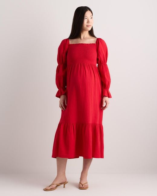 Quince Gauze Maternity Smocked Midi Dress, Organic Cotton in Red | Lyst