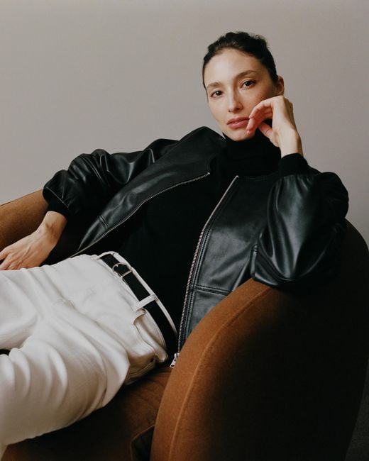 Quince Black Collarless Cropped Bubble Hem Jacket, Leather