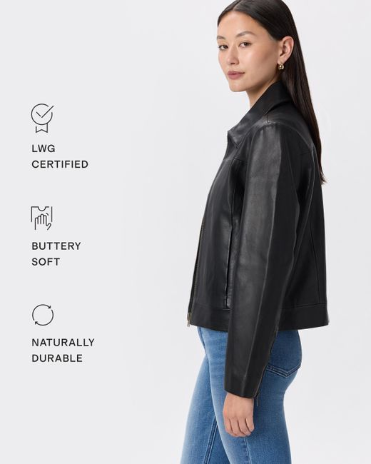 Quince Black Cropped Zip-Front Jacket, Leather