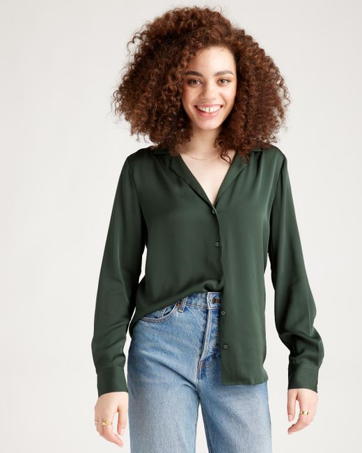 Quince Green Washable Stretch Silk Notch Collar Blouse