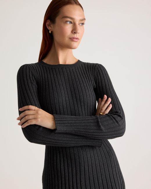 Quince Black Cotton Cashmere Ribbed Long Sleeve Crew Midi Dress