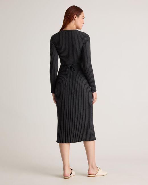 Quince Black Cotton Cashmere Ribbed Long Sleeve Crew Midi Dress