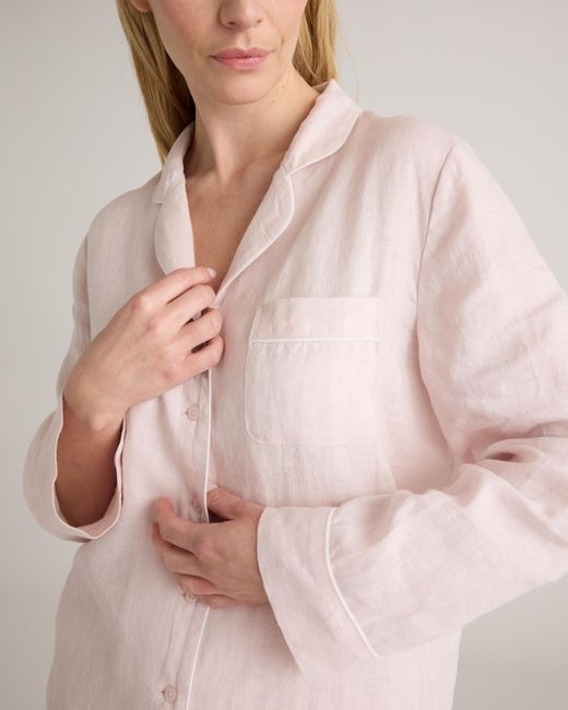 Quince Pink 100% European Linen Long Sleeve Pajama Set With Piping
