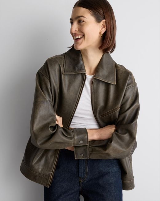 Quince Brown Oversized Bomber Jacket, Leather