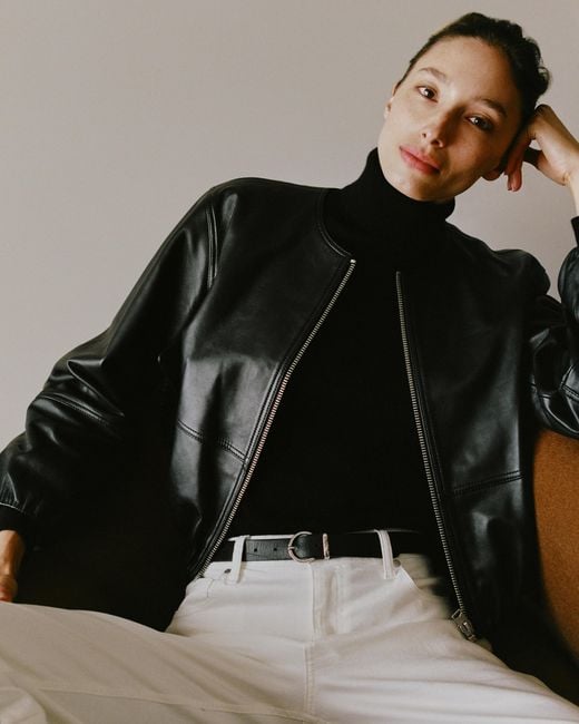 Quince Black Collarless Cropped Bubble Hem Jacket, Leather
