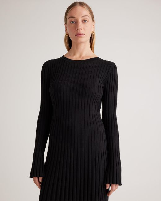 Quince Black Cotton Cashmere Ribbed Long Sleeve Crew Midi Dress
