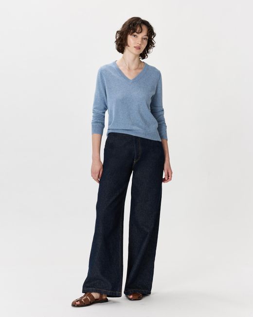 Quince Blue Mongolian Cashmere V-Neck Sweater