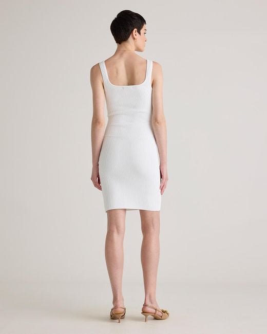 Quince White Square Neck Ribbed Knit Mini Dress, Recycled Nylon/Polyester/Spandex