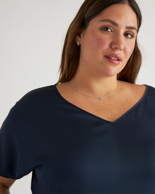 Quince Washable Stretch Silk Reversible V-neck Blouse in Blue