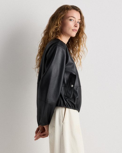 Quince Black Collarless Cropped Bubble Hem Jacket, Leather