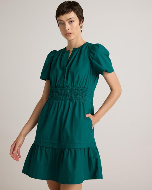 Quince Green Poplin Tiered Mini Dress, Organic Cotton