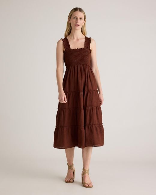 Quince Brown 100% European Linen Smocked Midi Dress