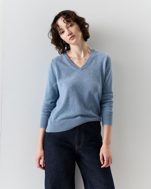 Quince Blue Mongolian Cashmere V-Neck Sweater