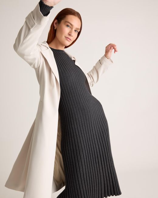 Quince Black Cotton Cashmere Ribbed Long Sleeve Crew Midi Dress