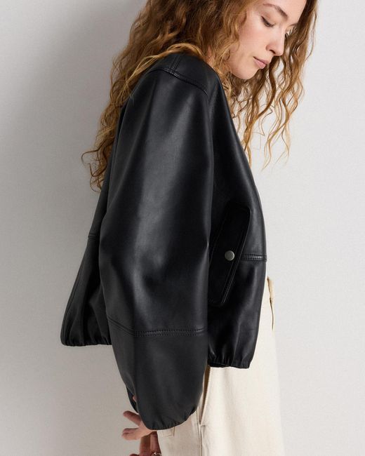 Quince Black Collarless Cropped Bubble Hem Jacket, Leather