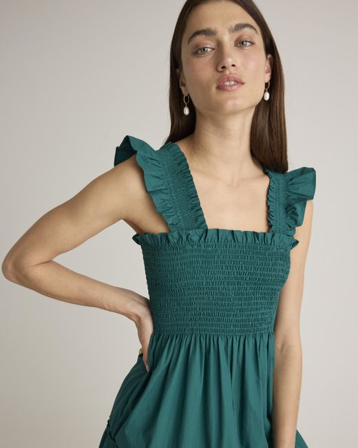 Quince Green Smocked Midi Dress, Organic Cotton