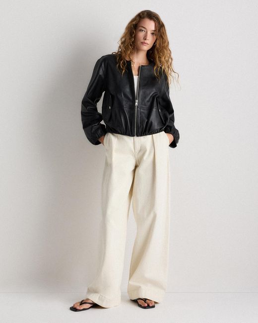 Quince Black Collarless Cropped Bubble Hem Jacket, Leather