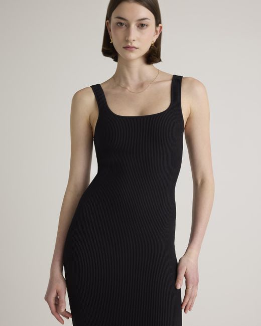 Quince Black Square Neck Ribbed Knit Mini Dress, Recycled Nylon/Polyester/Spandex